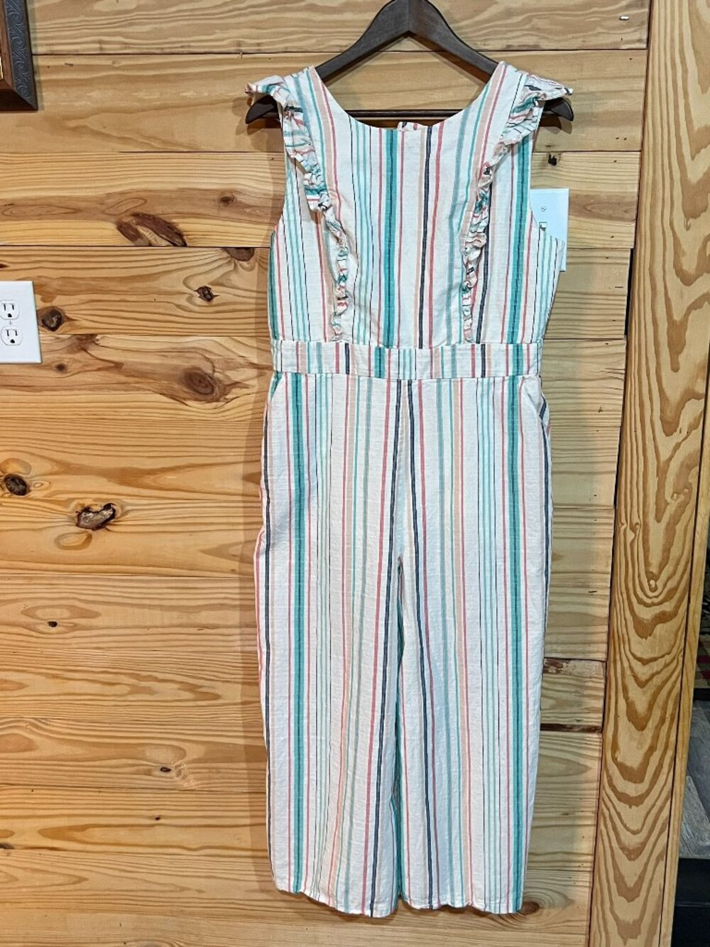 June & Hudson Striped Jumpsuit Wide Leg Capri Sleeveless Ruffles Boho Sz 1